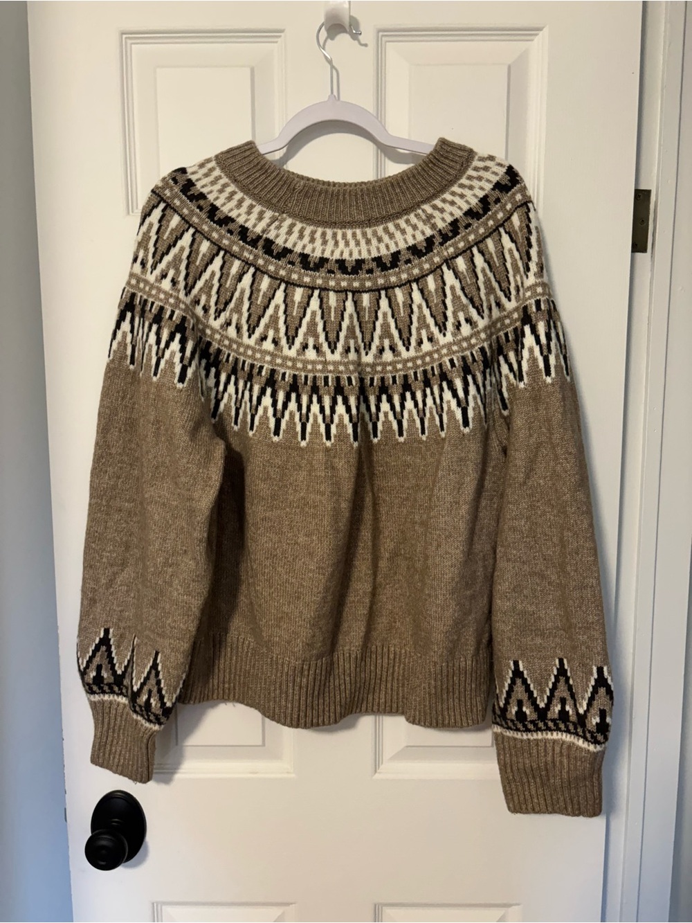 H&M Beige Crewneck Sweater with Black and White Fair Isle Yoke